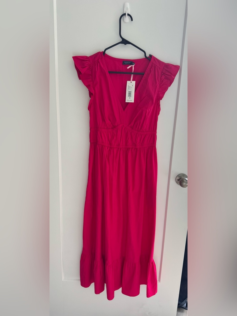 Vineyard Vines Fuchsia Midi Dress with Ruffle Sleeves